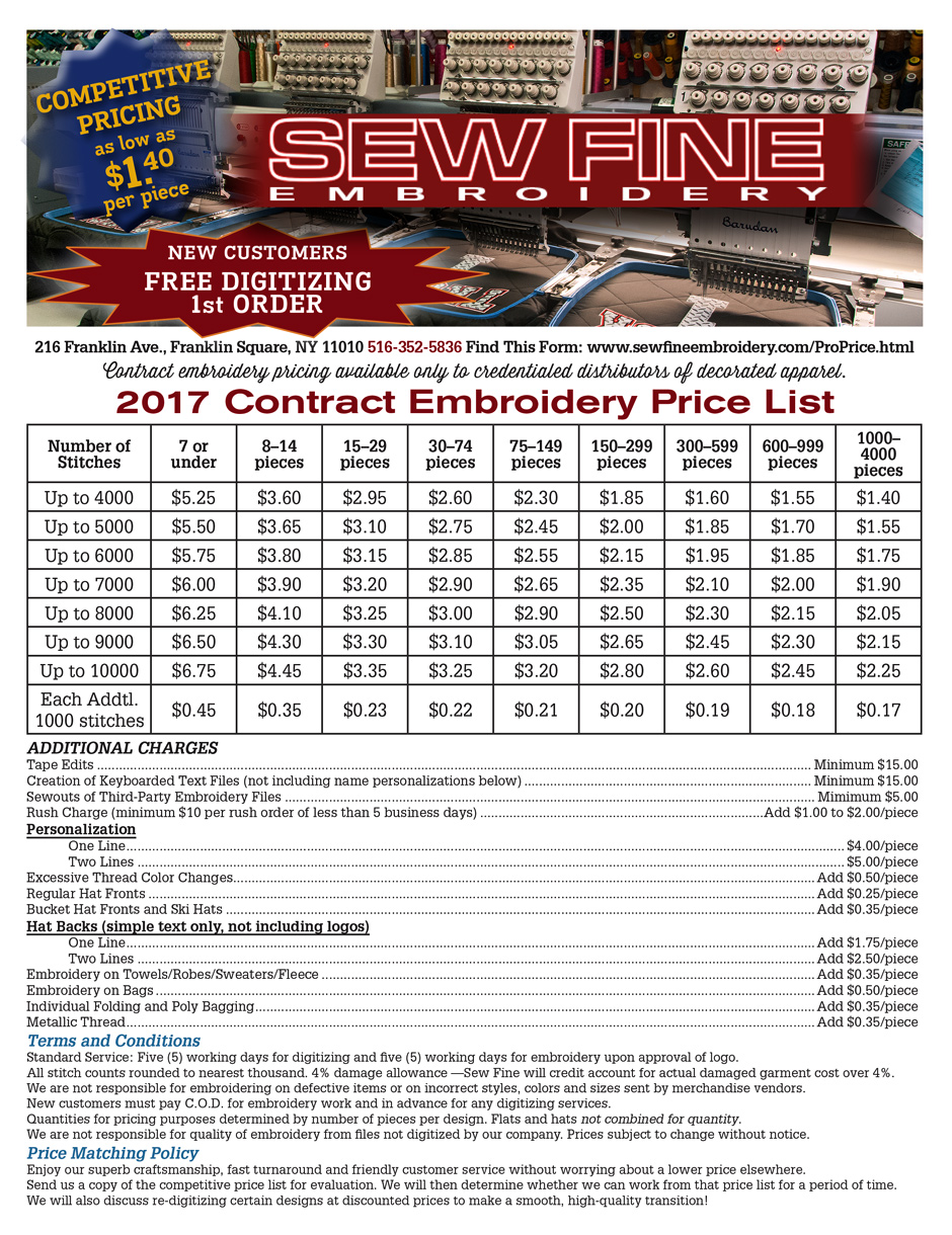 Sew Fine Embroidery PROFESSIONAL PRICING